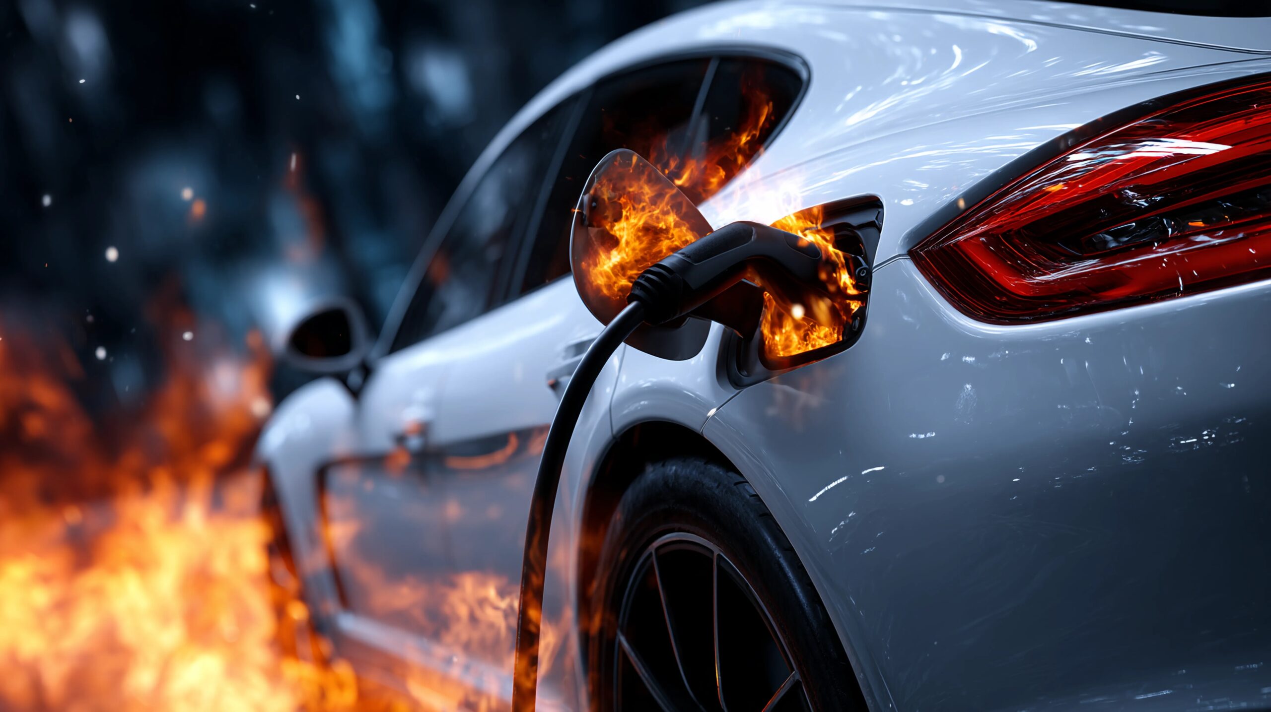 White electric car charging with fire, symbolizing electric vehicle safety concerns, battery fire risk, EV charging hazards, and automotive danger.