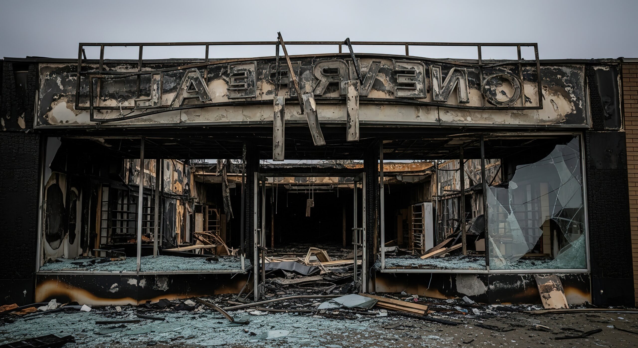 Devastating fire damage in a commercial building, showcasing destruction and urban decay after the tragedy